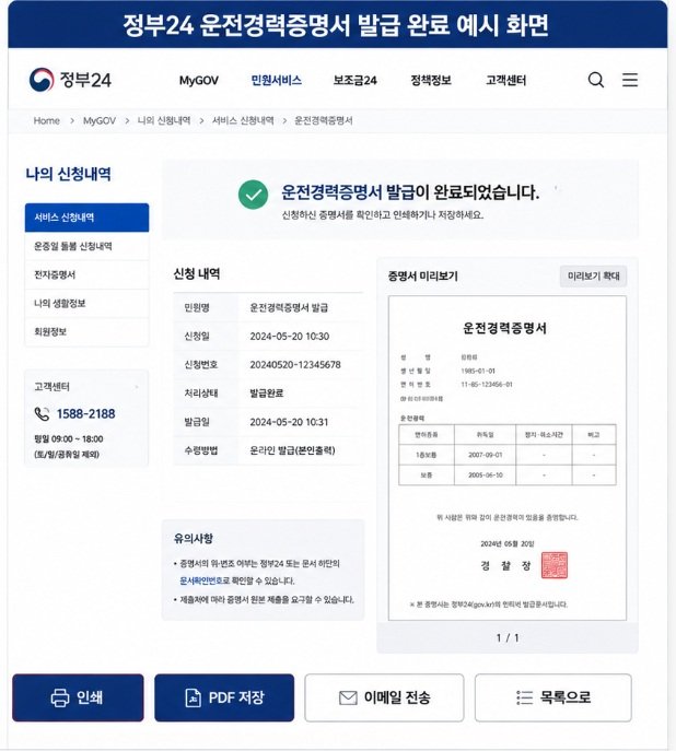 운전경력증명서 발급 완료 예시 화면