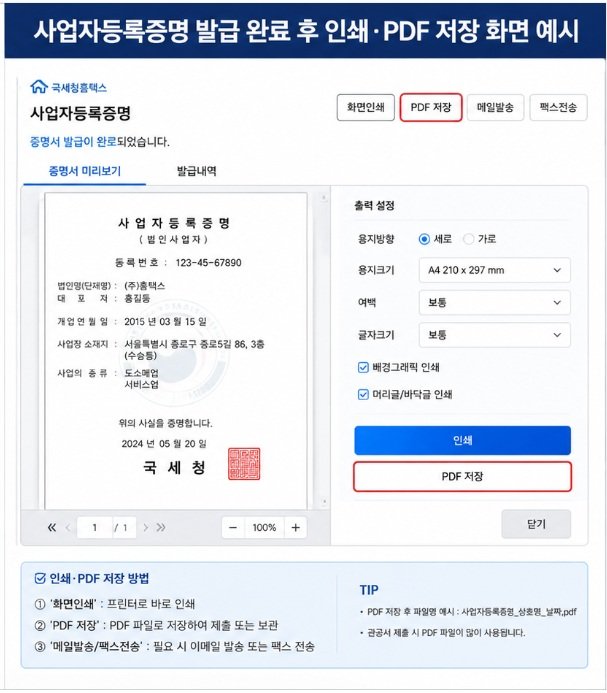 사업자등록증명 발급 완료 화면 PDF 저장