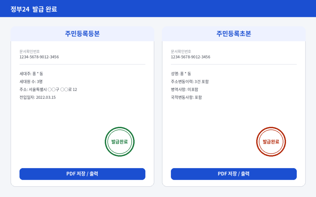 주민등록등본과 초본 발급이 완료된 화면 비교