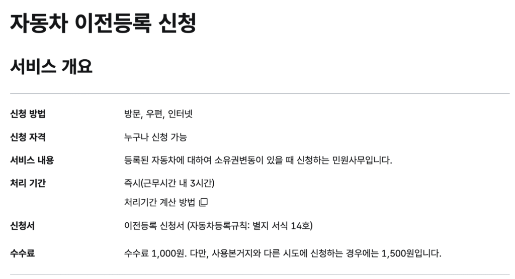 자동차 이전등록 온라인 신청 화면