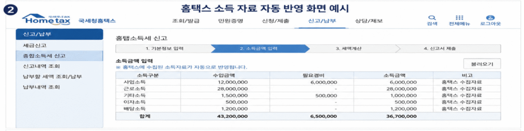 홈택스 소득 자료 반영 화면